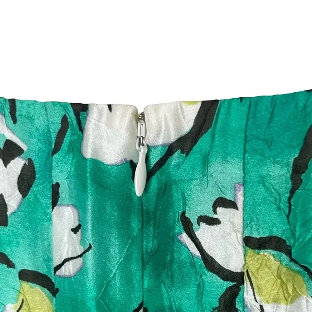 Kay Unger Dress Green Silk Cotton Blend Floral Fit Flare Scoop Neck Size 12 - Picture 9 of 13